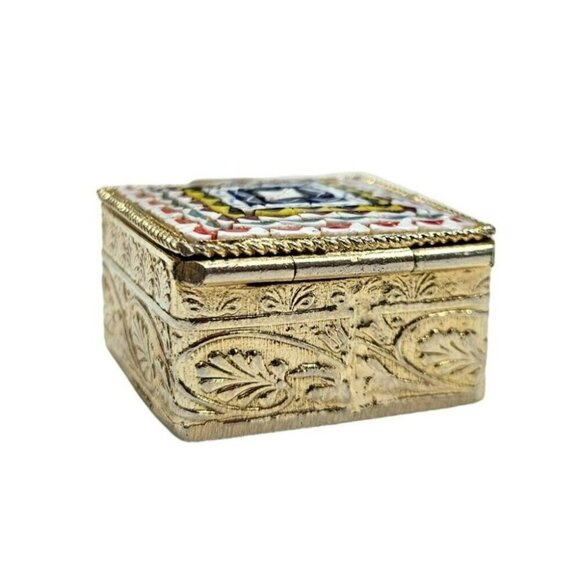 Vintage Ornate Trinket Pill Box Intricate Mosac Tile Filigree Detail Italy - Picture 5 of 11
